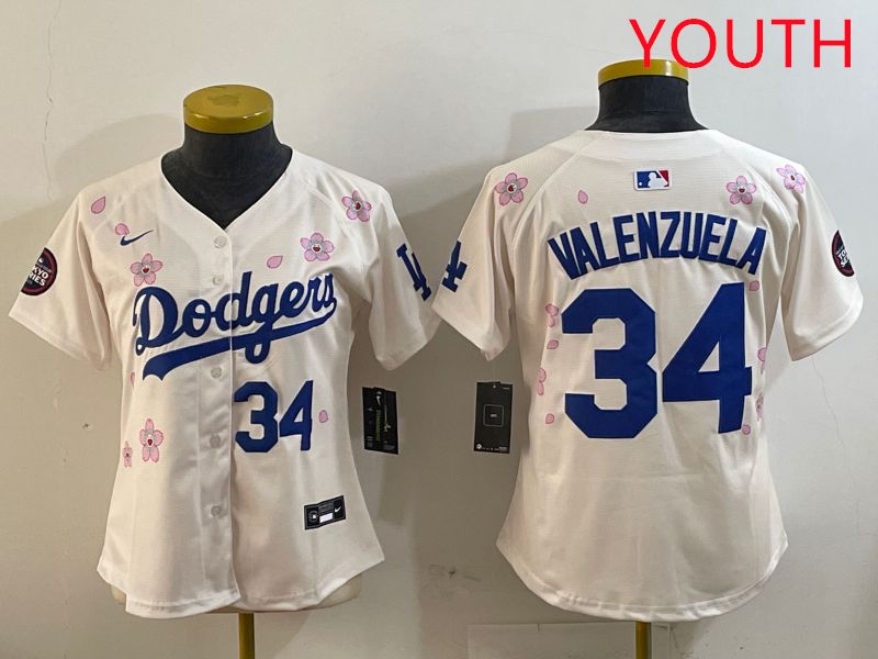 Youth Los Angeles Dodgers #34 Valenzuela Cream Sakura Edition 2025 Nike MLB Jersey style 8